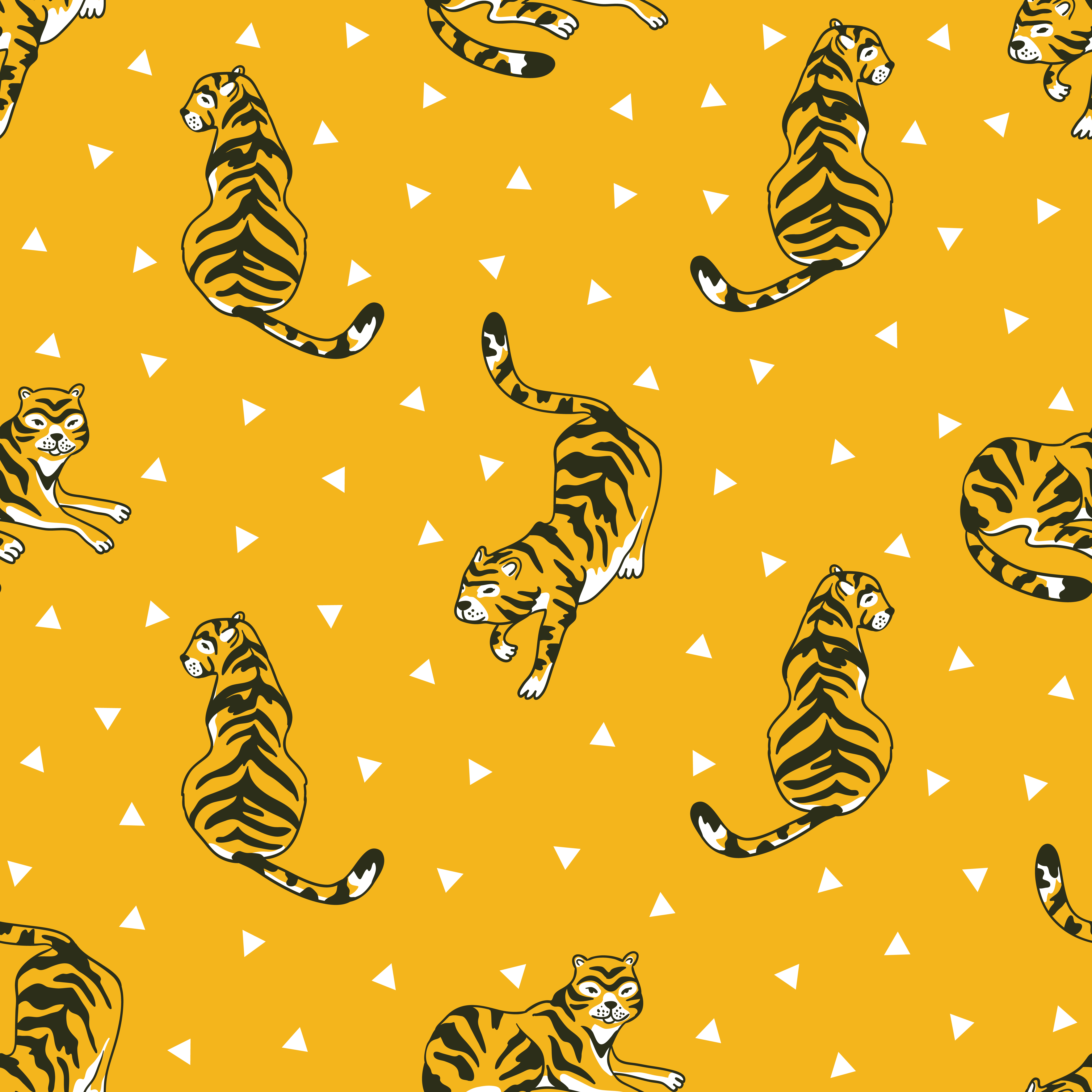 Vector seamless pattern with tigers and triangles isolated on the white