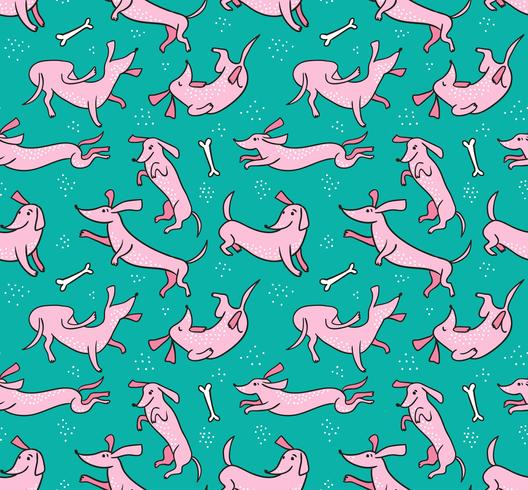 Funny fabric design. Seamless pattern with pink dogs on the blue background. vector