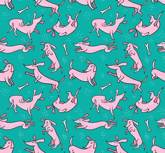 Funny fabric design. Seamless pattern with pink dogs on the blue background. vector