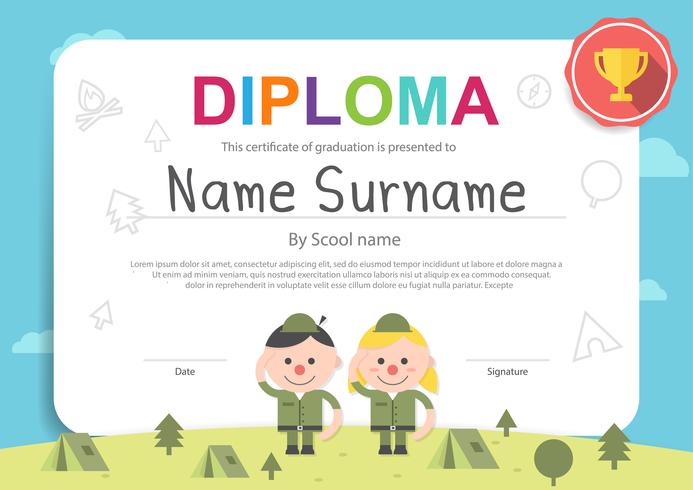 Camping kids cute cartoon horizontal certificate template vector