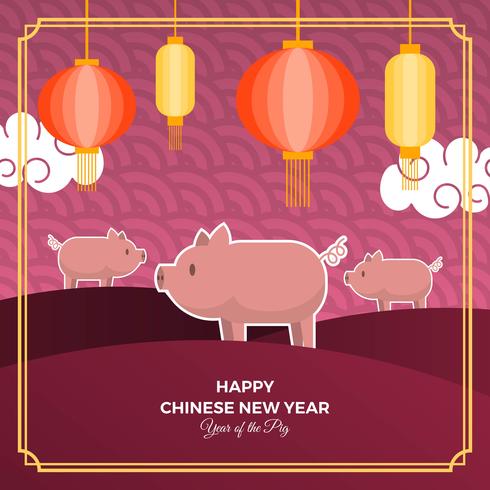 Flat Cute Chinese New Year 2019 With Pig Character Vector Background Illustration