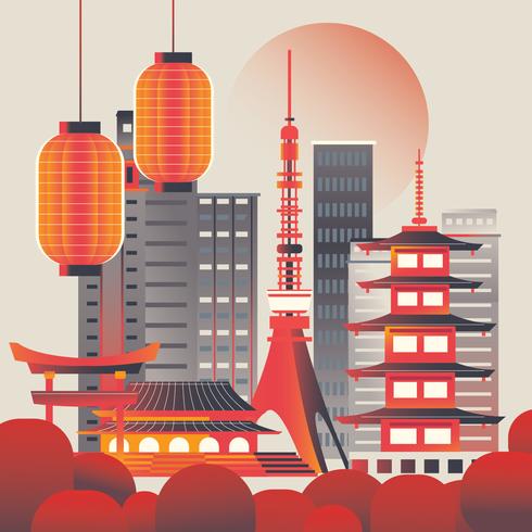 Ilustración del horizonte de la ciudad de Tokio al amanecer vector