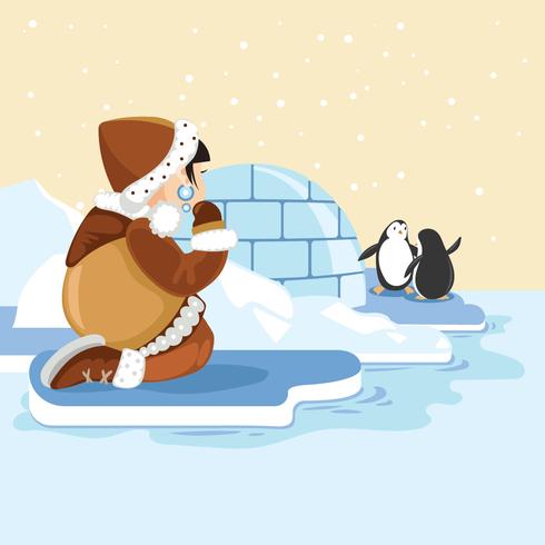 Cute Eskimo Girl with Arctic Animal vector