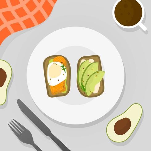 Menú de desayuno plana conjunto con aguacate tostada ilustración vectorial vector