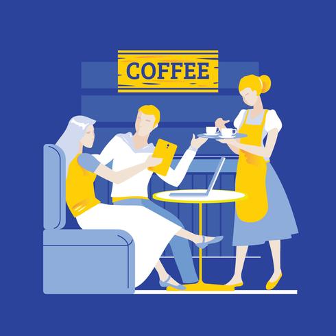 Young Couple in a Coffee Shop using Touch Screen Gadget and Laptop vector