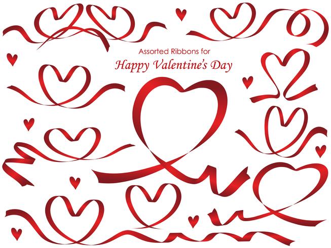 Set of red ribbons arranged in heart shapes. vector