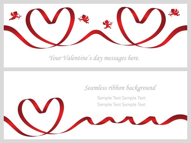 Set of two Valentine’s Day cards with seamless red ribbons. vector