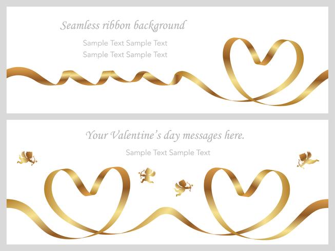 Set of two Valentine’s Day cards with seamless gold ribbons. vector