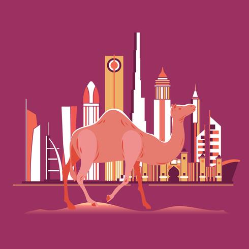 Camel on Dubai Beach with Skyline Background vector