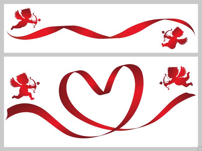 Conjunto de dos plantillas de tarjeta de San Valentín con cintas rojas y cupidos. vector