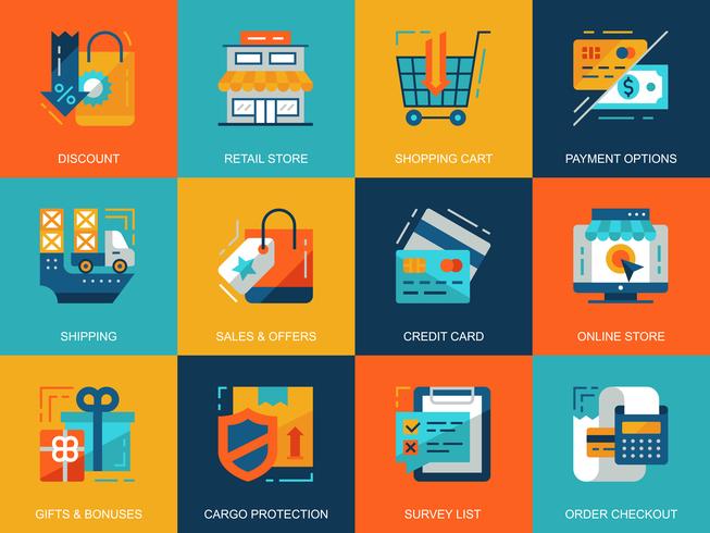 Conjunto de iconos de compras y comercio electrónico vector