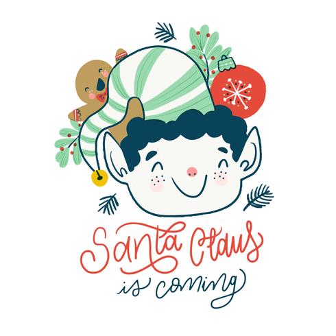 Christmas Elf with Gingerbread, Christmas Ball and Lettering. vector