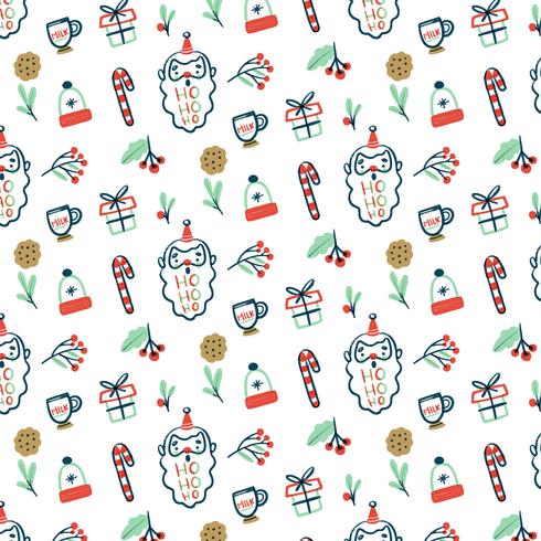 Pattern with Santa, Gift, Cookies and Candy Cane vector