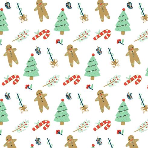 Pattern with Candy Cane, Pine, Star and Leafs. vector