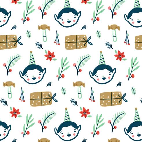 Pattern With Christmas Elf, Gift, Hammer And Poinsettia. vector