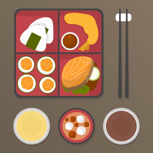 Ilustración de Vector de comidas de caja de Bento plana