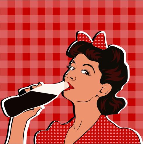 Pin up girl drinking soda pop art retro style. vector