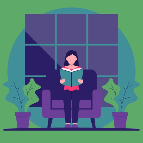 Girl Sitting In Armchair Reading Books Bookworm Vector Illustration