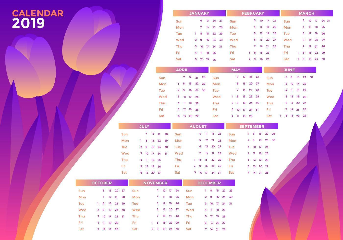 Tulips 2019 Printable Calendar Vector