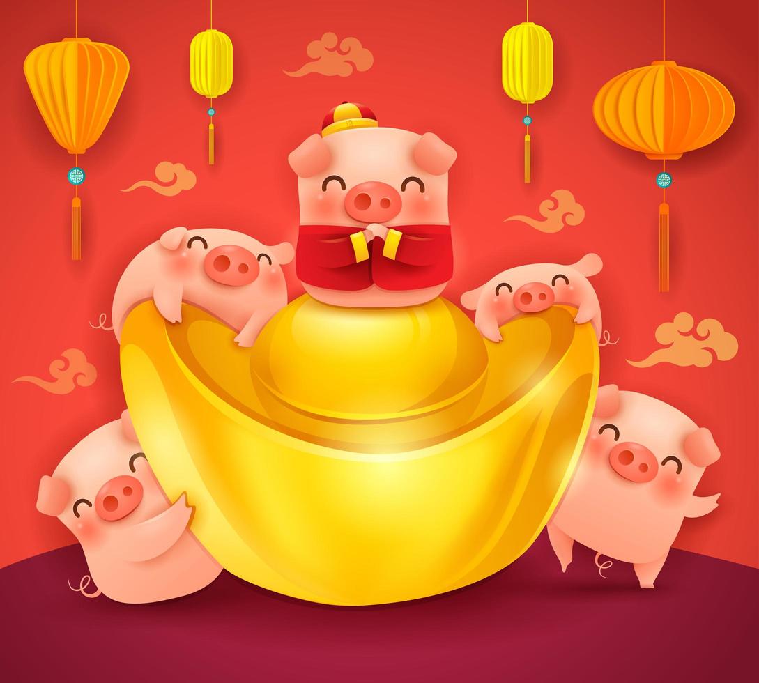 Five little pigs with chinese gold ingot vector