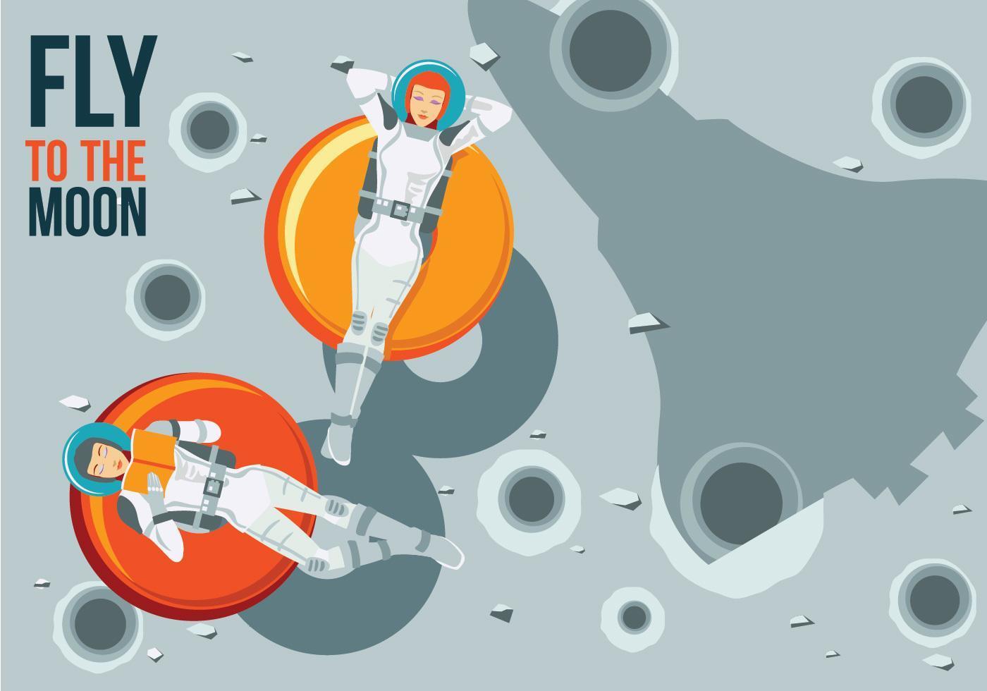 Two Young Astronauts Relaxing on Donuts and Gravity Fly to the Moon vector