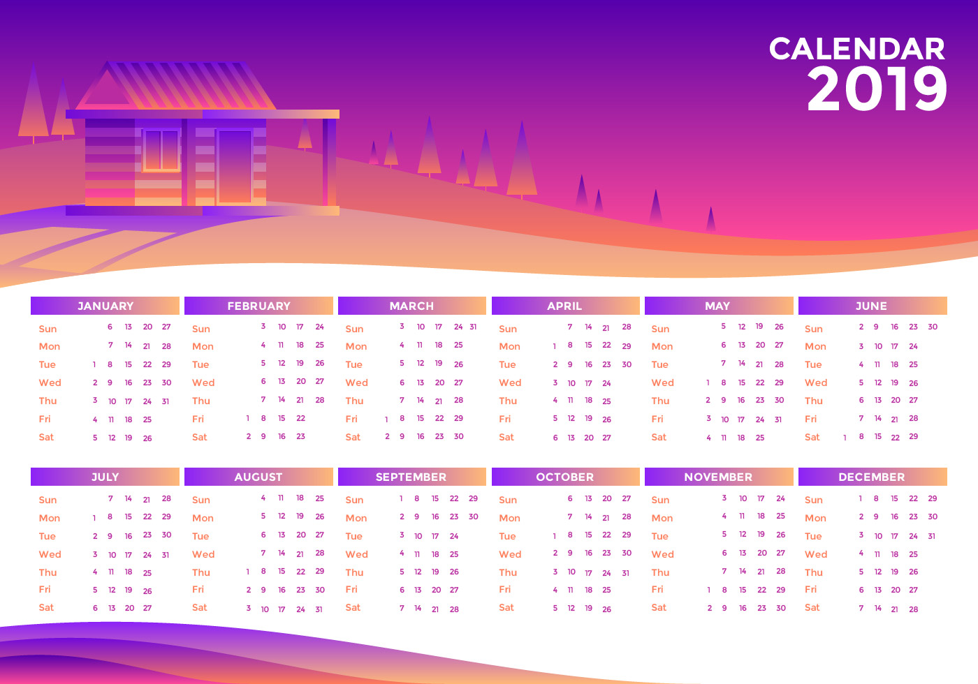 landscape 2019 printable calendar vector 274059 vector art at vecteezy
