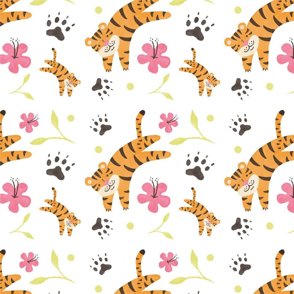 Cute Tiger Pattern With Flower And Leaves vector