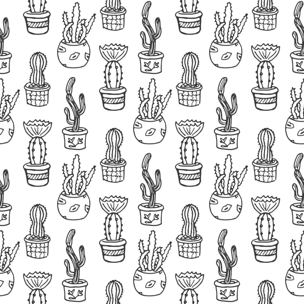 Cactus seamless pattern illustration. Vector succulent and cacti hand drawn set. In door plants in pots.