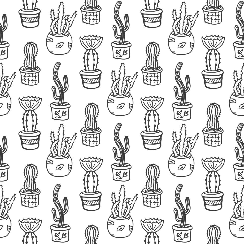 Cactus seamless pattern illustration. Vector succulent and cacti hand drawn set. In door plants in pots.