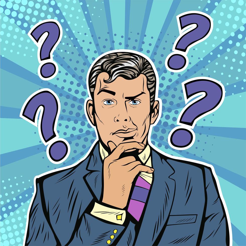 Businessman skeptical facial expression with question marks upon his head vector