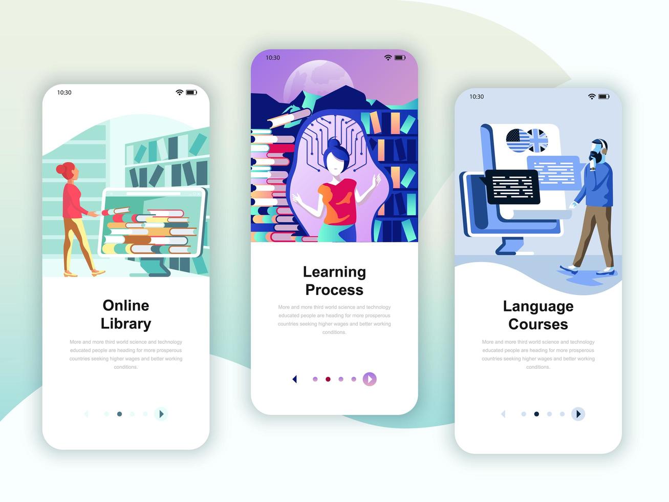 Set of onboarding screens user interface kit for Library vector