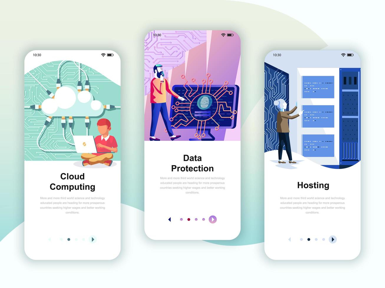 Set of onboarding screens user interface kit for Cloud Computing, Protection, Hosting, mobile app templates concept. Modern UX, UI screen for mobile or responsive web site. Vector illustration.