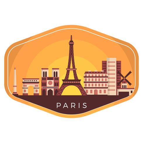 Flat Paris City Landscape on Badge Vector Illustration