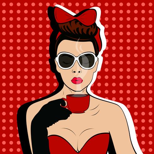 Chica con taza de café estilo pop art retro vector