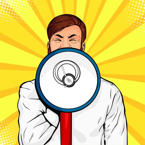 Young businessman with open mouth and megaphone vector