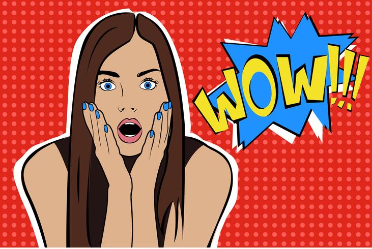Pop art surprised brunette woman face with open mouth vector