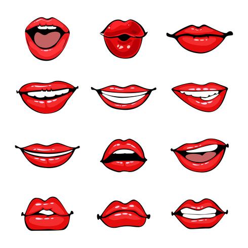Comic femenino conjunto de labios. vector