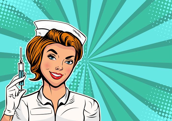 Beautiful nurse with a syringe for vaccination Pop art retro style vector