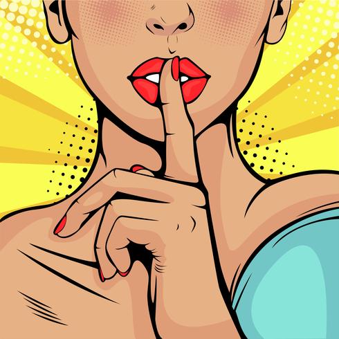 Beautiful woman put her finger to her lips, calling for silence vector