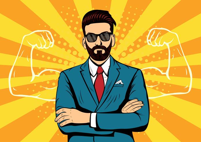 Empresario de barba inconformista con músculos estilo retro del arte pop vector