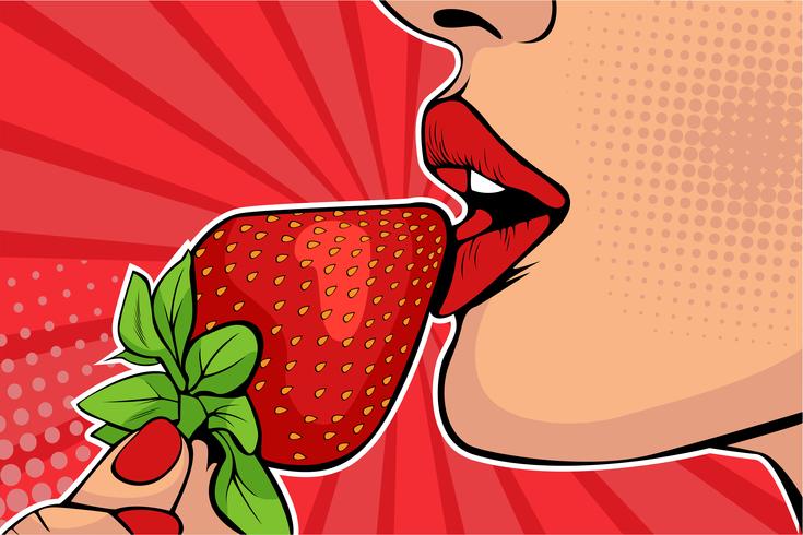 Labios de chicas con fresa vector