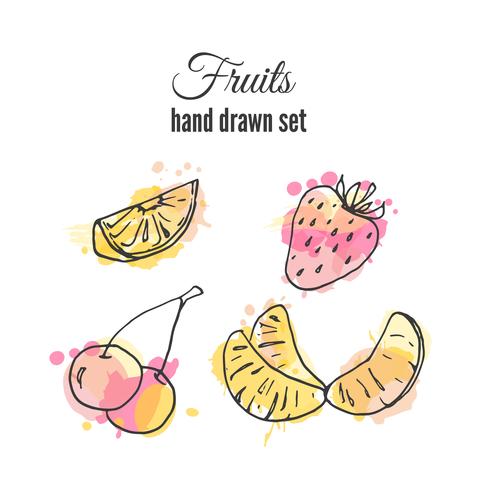 Set of hand drawn fresh fruits with colorful watercolor splashes vector