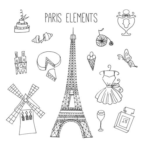 Elementos de Doodle temáticos de París vector