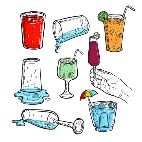 Boceto dibujado a mano de jugo fresco, vino y bebida fresca vector