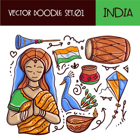 Día de la República de India Doodle conjunto de iconos. Vector dibujado a mano estilo