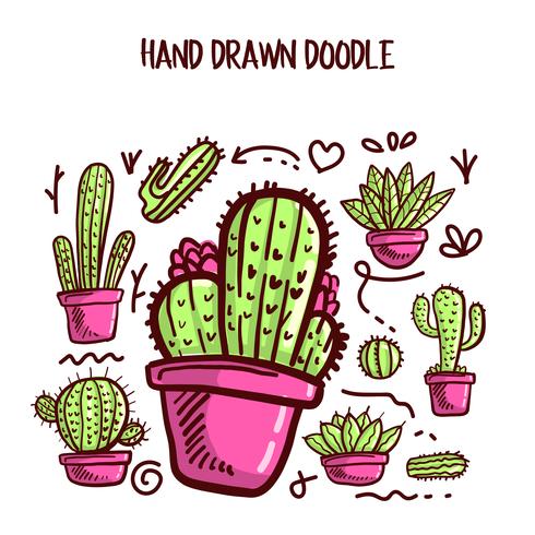 Vector de cactus y suculentas. Doodle conjunto de ilustración.