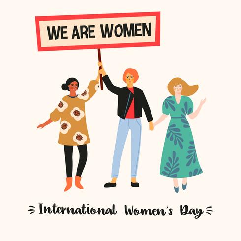 Día Internacional de la Mujer. Ilustración vectorial con mujeres de diferentes nacionalidades y culturas. vector