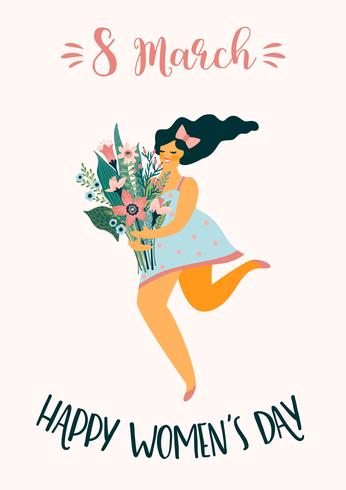 Día Internacional de la Mujer. Plantilla de vector con mujer linda.