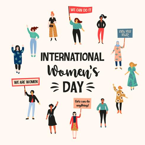 Día Internacional de la Mujer. Ilustración vectorial con mujeres de diferentes nacionalidades y culturas. vector