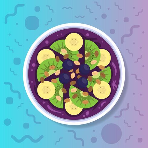 Tropical Acai Smoothie Bowl Top View Vector Illustration